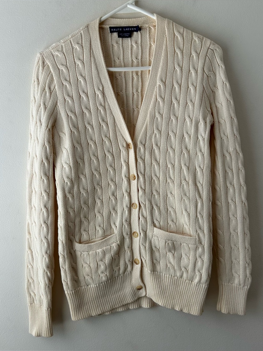 Vintage Ralph Lauren 100% Cotton V-neck Cableknit Cardigan Sweater Cream S
